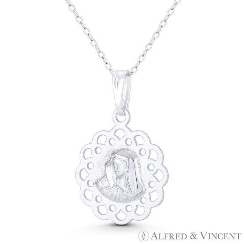 Holy Mother of God Virgin Mary Medal Religious Pendant .925 Sterling Silver